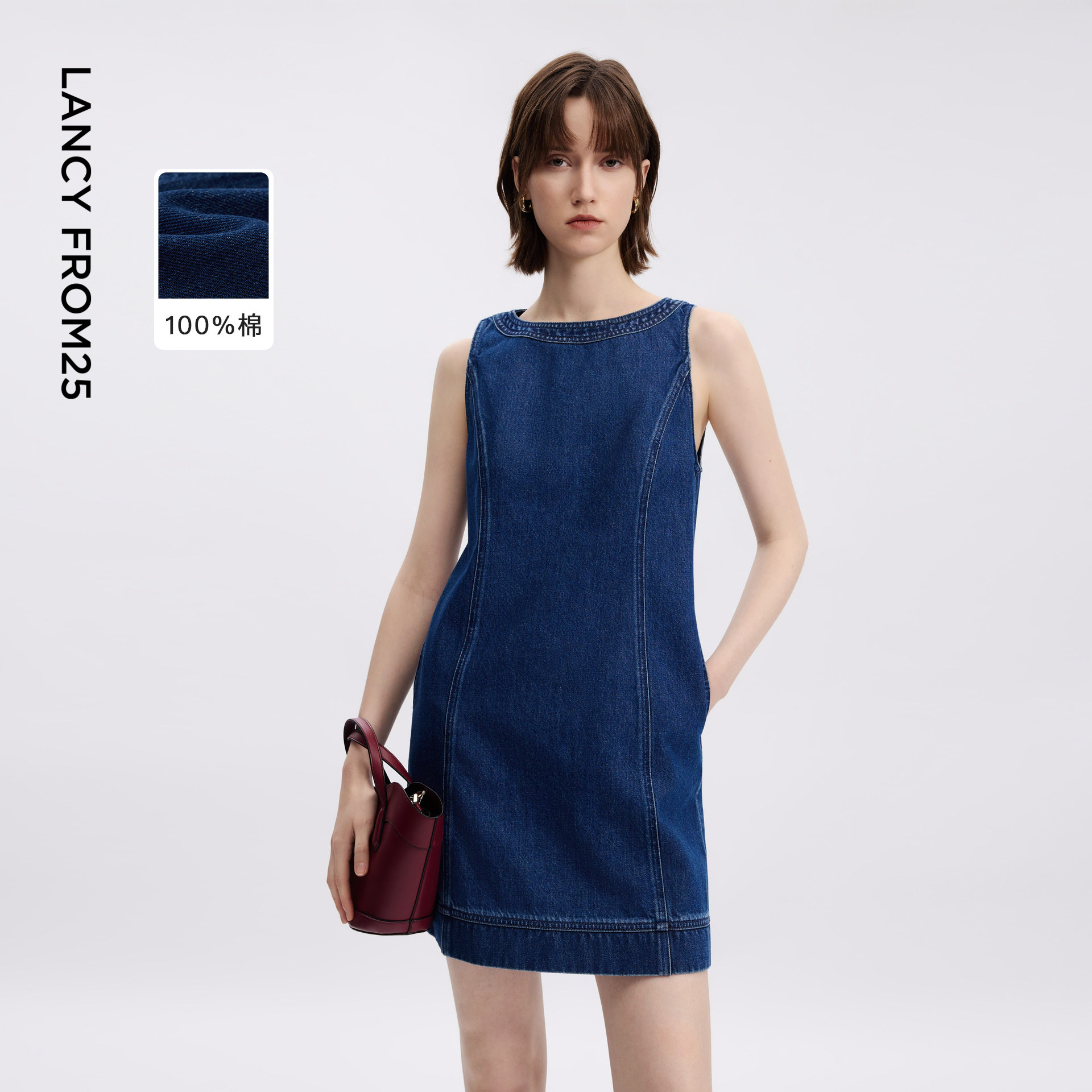 朗姿25纯棉蓝色无袖牛仔连衣裙设计感时尚气质短裙2026年夏季新款