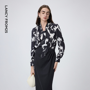 新款 朗姿飘带印花设计感复古优雅衬衫 垂坠松弛感衬衣女2026年春季