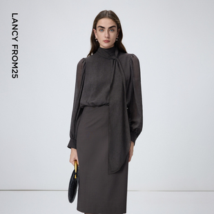 新款 2026年春季 通勤法式 朗姿羊毛拼接飘带领连衣裙设计感气质时尚