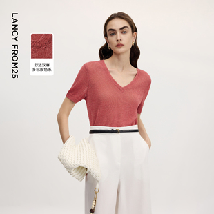 短袖 新款 针织衫 女2026年夏季 高级感打底衫 朗姿25V领汉麻气质薄款