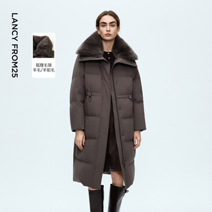 新款 朗姿鹅绒保暖收腰超长款 狐狸毛翻领气质羽绒服2025年冬季