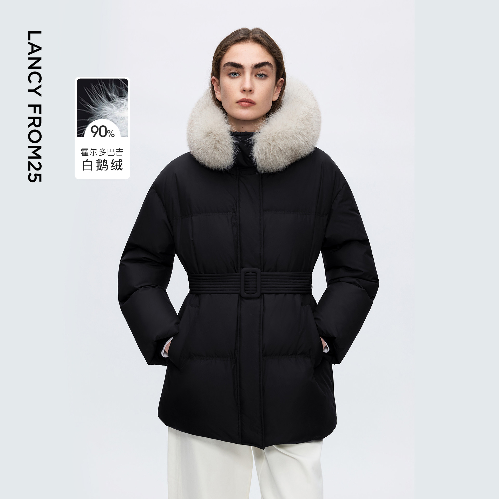 朗姿霍尔多巴吉鹅绒服狐狸毛领修身收腰短款外套羽绒服女冬季新款