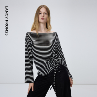 新款 朗姿莱赛尔条纹露肩设计感T恤气质时尚 抽绳上衣女2026年春季