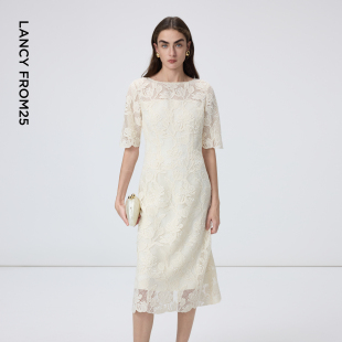 新款 白色裙子女2026年春季 浪漫蕾丝连衣裙圆领中袖 朗姿法式