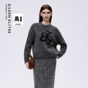 半裙通勤风套装 针织衫 女 ELITEE羊毛圆领宽松短款 朗姿欧洲EiLEEN