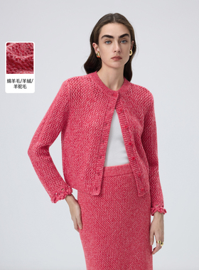 【MONEY HONG】朗姿羊毛圆领镂空花边针织毛衣开衫2026年春季新款