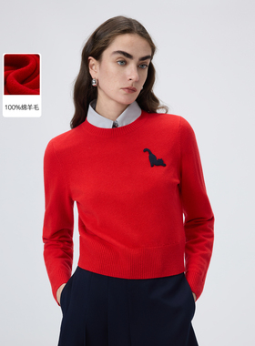 【MONEY HONG】朗姿纯绵羊毛圆领刺绣通勤针织衫女2026年春季新款