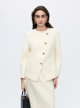 朗姿羊毛圆领斜襟小香风白色短外套气质优雅通勤百搭2025冬季新款