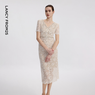 朗姿25设计感气质修身 重工礼服连衣裙女 蕾丝刺绣收腰女裙春秋新款