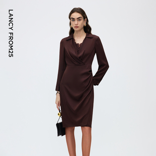 新款 朗姿设计感醋酸蕾丝拼接衬衫 连衣裙女优雅捏褶裙子2025年秋季