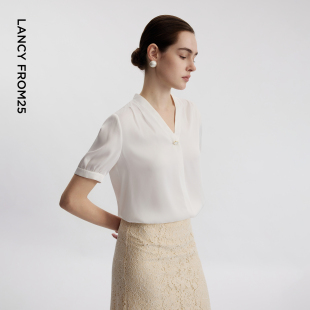 Basic衣橱 衬衣夏新款 朗姿25法式 白色衬衫 内搭v领上衣小衫 短袖