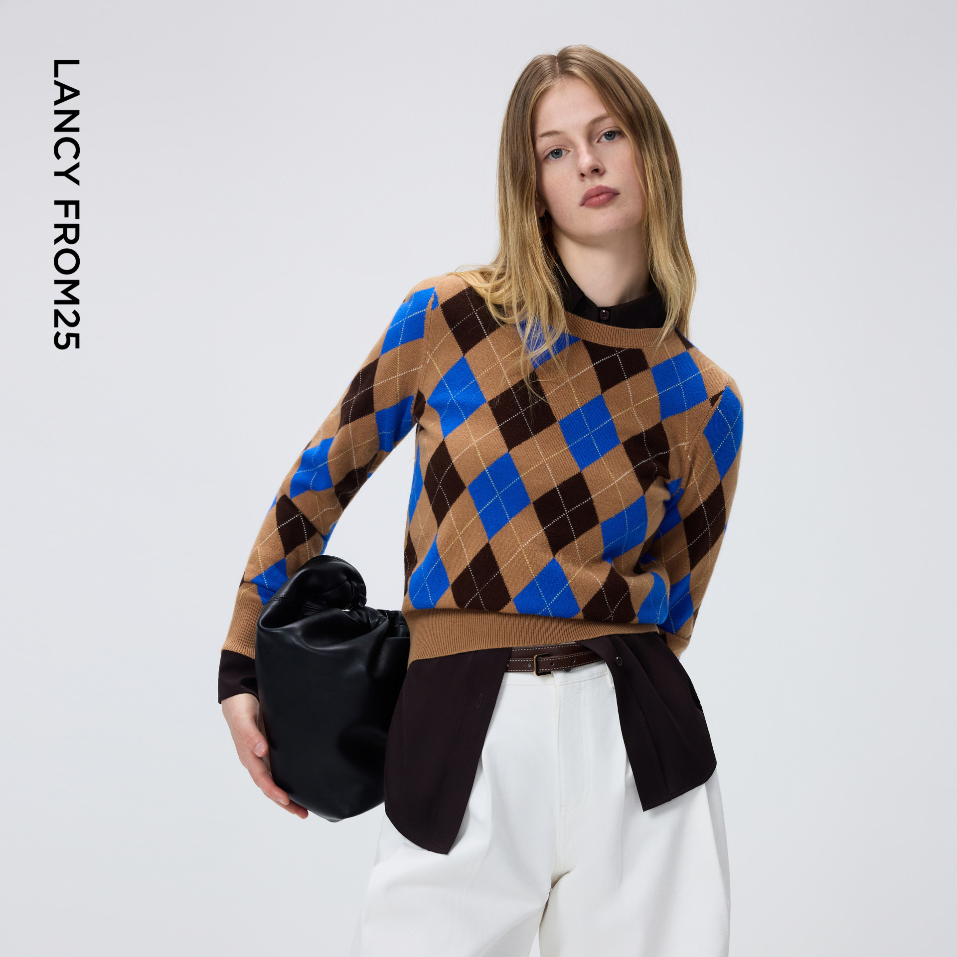 朗姿纯羊毛菱格纹撞色针织衫英伦风叠穿内搭毛衣女2026年春季新款