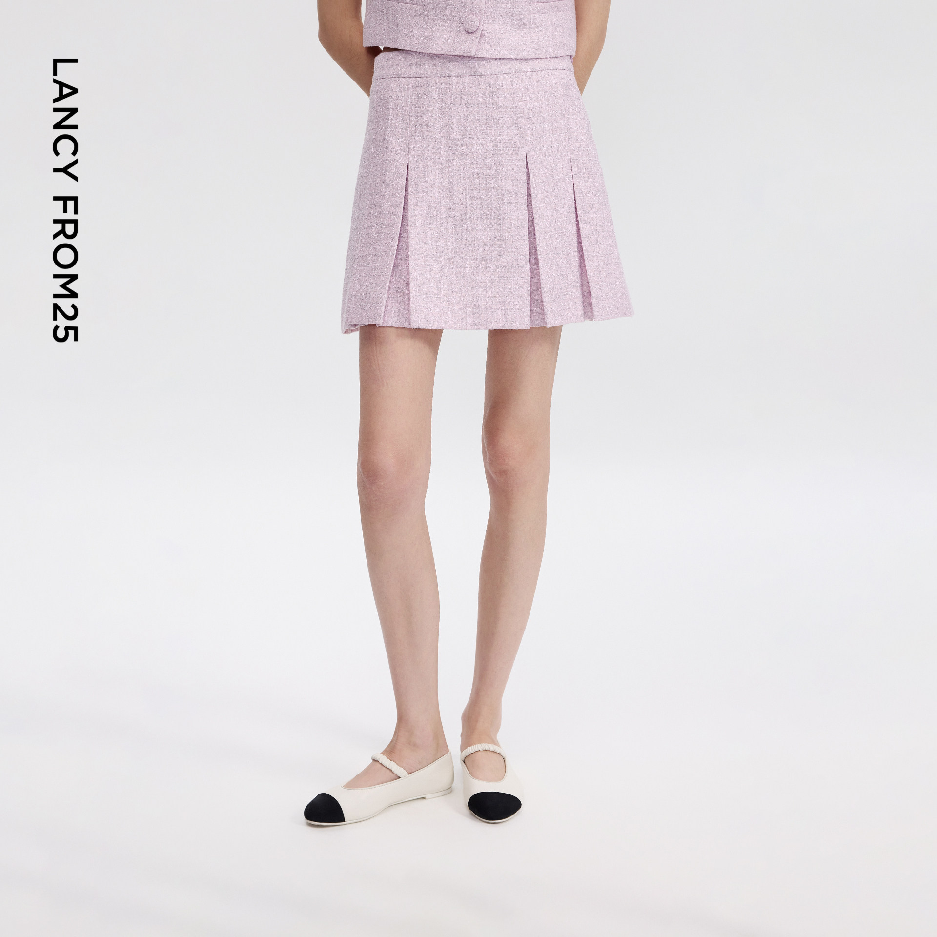 朗姿25高腰A字压褶小香风半身裙简约优雅通勤短裙2026年夏季新款