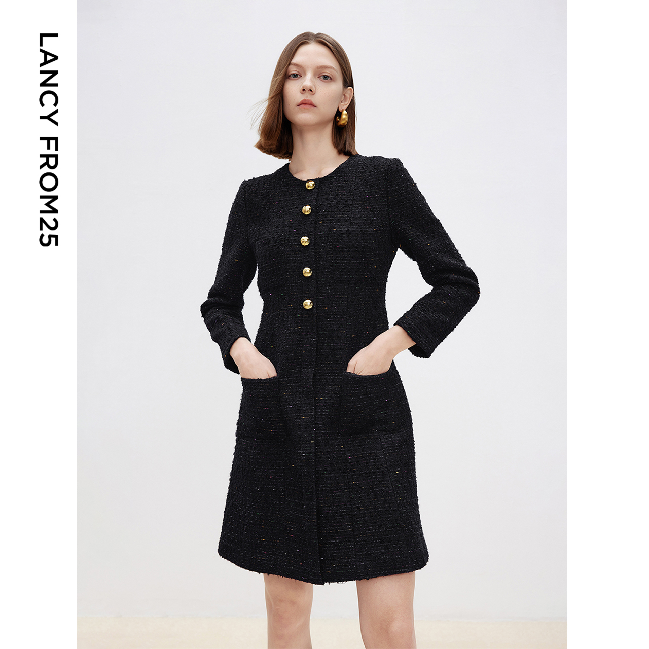 朗姿赫本风高级感气质长袖a字裙2025春季新款法式黑色收腰连衣裙