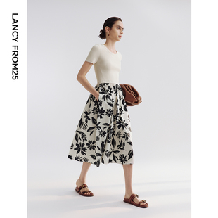 朗姿25双色针织拼接撞色印花连衣裙夏季 a字高腰碎花裙 新款