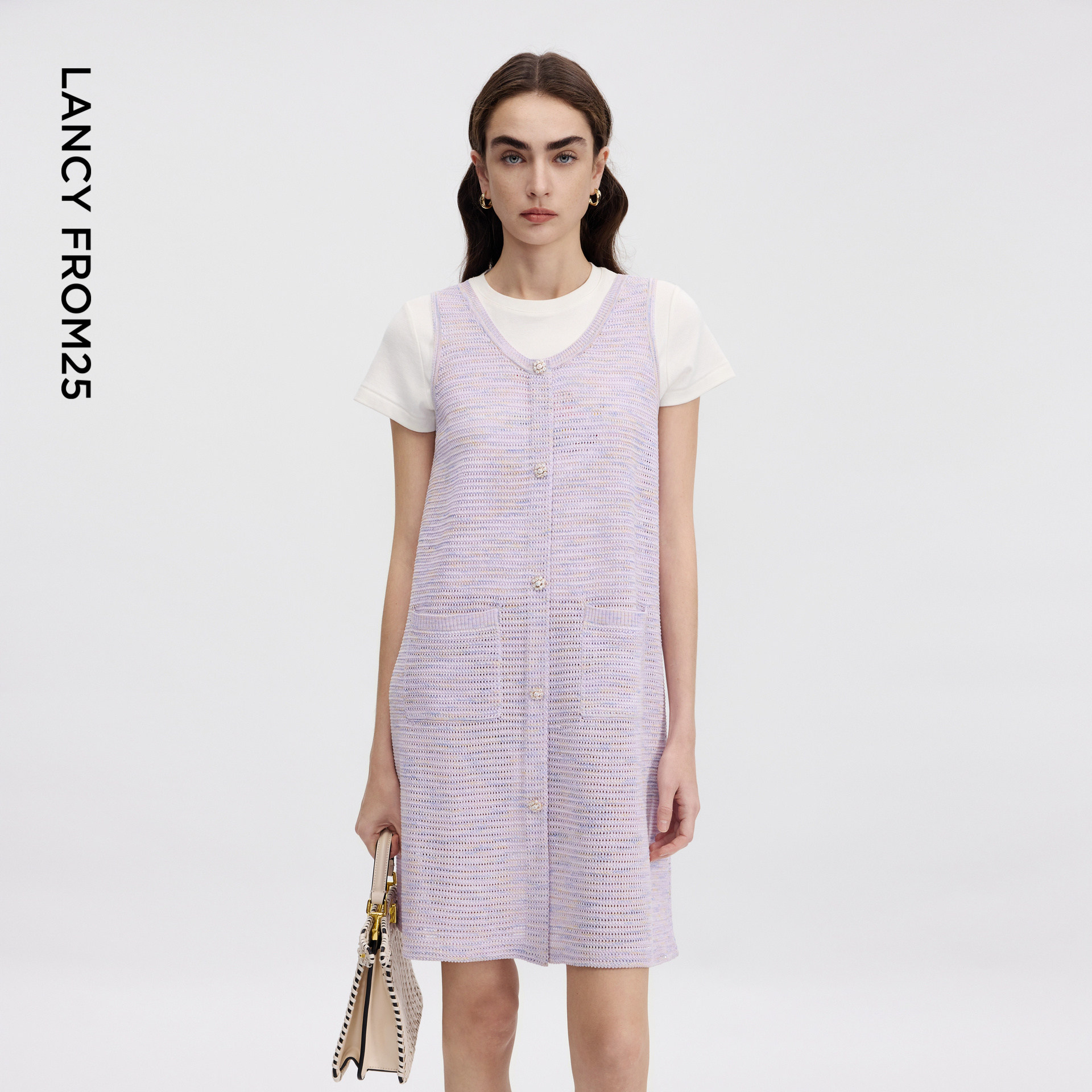 朗姿深U领珠片重工小香风针织连衣裙设计感气质2026年夏季新款女