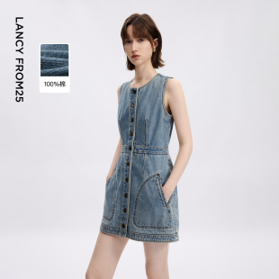 新款 短裙2026年夏季 复古设计感无袖 朗姿25纯棉背心牛仔连衣裙时尚