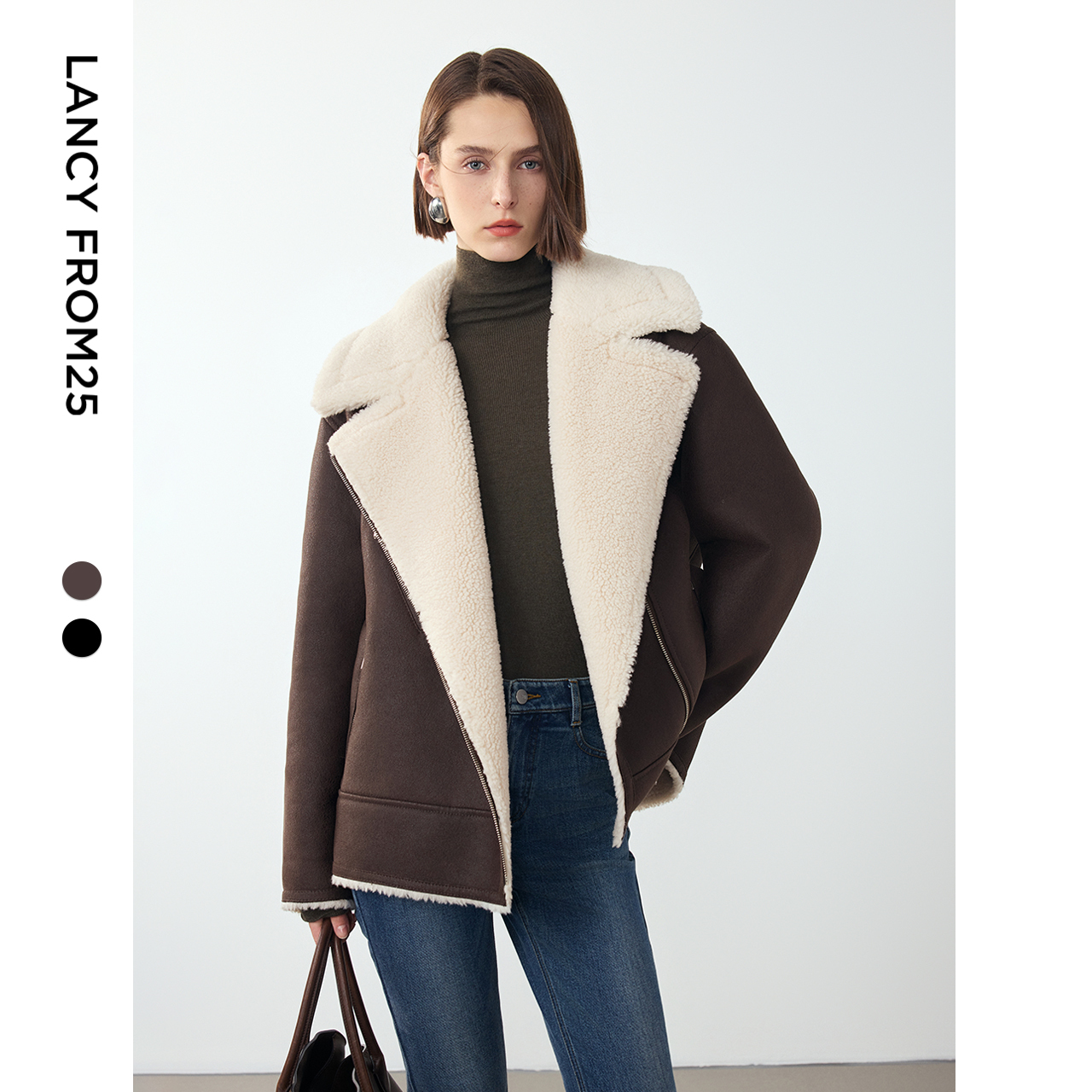 【黄霄雲同款】朗姿率性气质翻领机车夹克外套冬高级感新款仿皮草