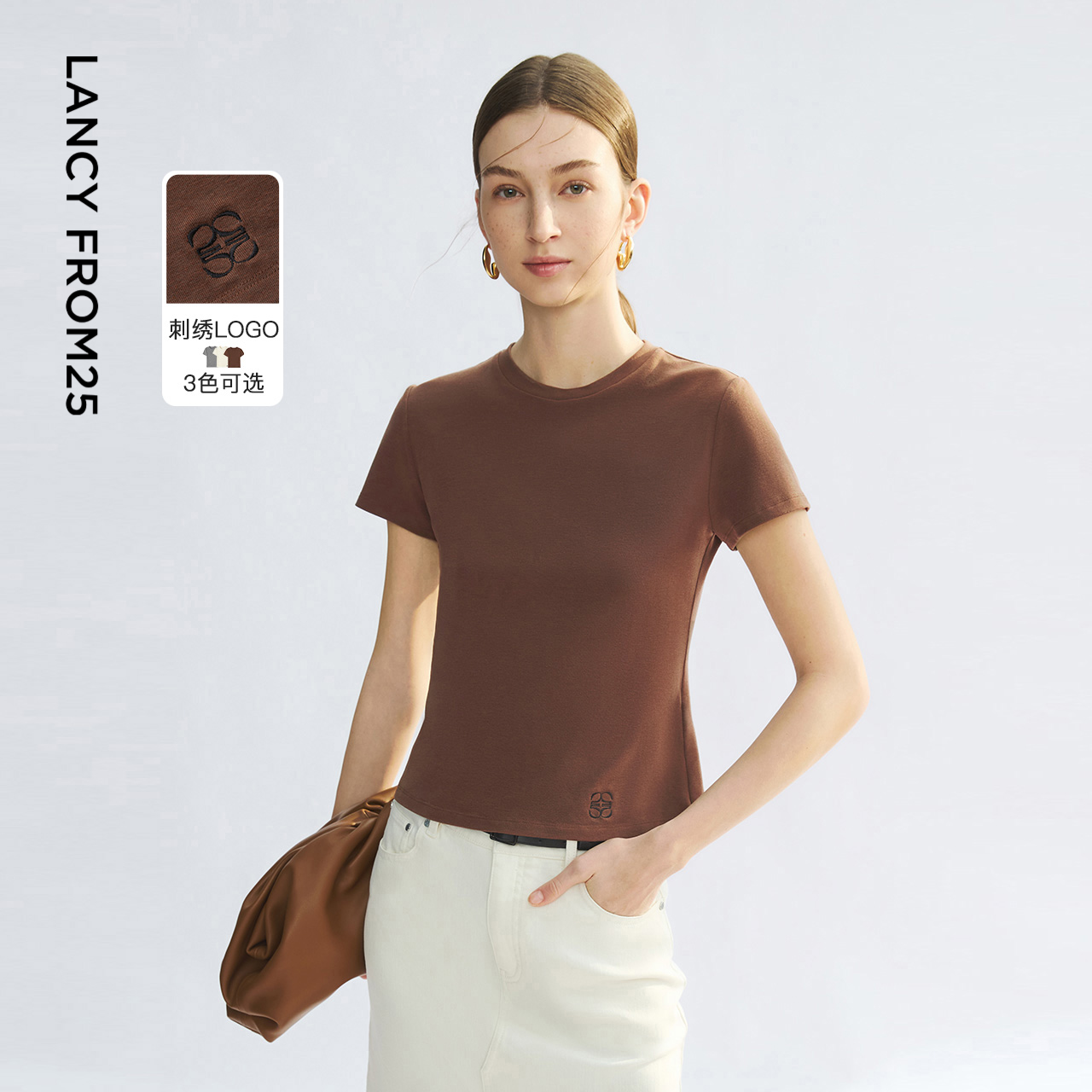 朗姿正肩刺绣短袖T恤修身圆领短款高级感2025年夏季新款气质上衣