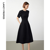 小香风法式 朗姿Basic衣橱 赫本风波点小黑裙女收腰高智连衣裙