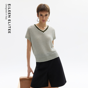 新款 亚麻2025年夏季 ELITEE学院风撞色V领针织衫 朗姿欧洲EiLEEN