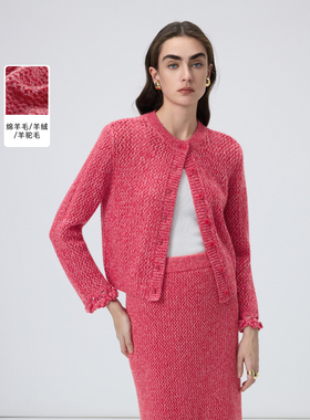 【MONEY HONG】朗姿羊毛圆领镂空花边针织毛衣开衫/半身裙套装女