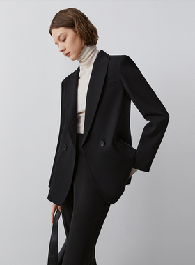 朗姿法式羊毛通勤职业西服外套新款黑色短款西装正装气质冬季新款