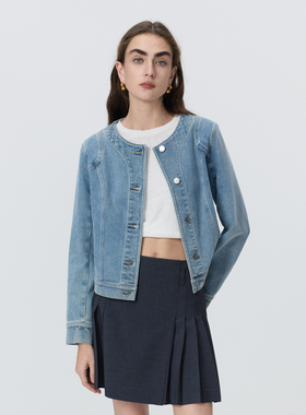朗姿复古简约蓝色圆领小香风短外套牛仔上衣高级2026年春季新款