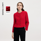 新款 朗姿红色圆领多褶下摆短外套时尚 气质百搭通勤上衣2026年春季