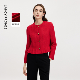 新款 朗姿红色圆领多褶下摆短外套时尚 气质百搭通勤上衣2026年春季