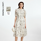 朗姿白色碎花裙苎麻收腰气质高级感独特印花2025年夏季 连衣裙 新款