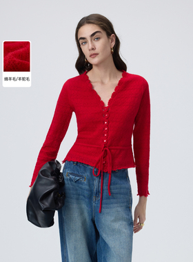 【MONEY HONG】朗姿绵羊毛收腰镂空花边针织开衫女2026年春季新款