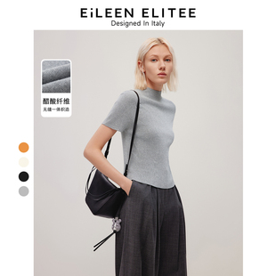 新款 朗姿欧洲EiLEEN 2024夏季 毛针织衫 ELITEE气质半高领法式 短袖