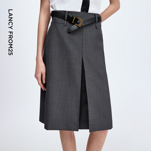 朗姿设计感通勤压褶半身裙女A字裙羊毛含皮带裙子2025年秋季 新款