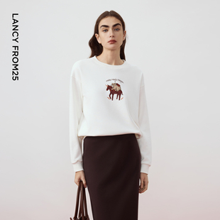 新款 朗姿白色圆领印花卫衣内搭休闲百搭2026年春季 以梦为马