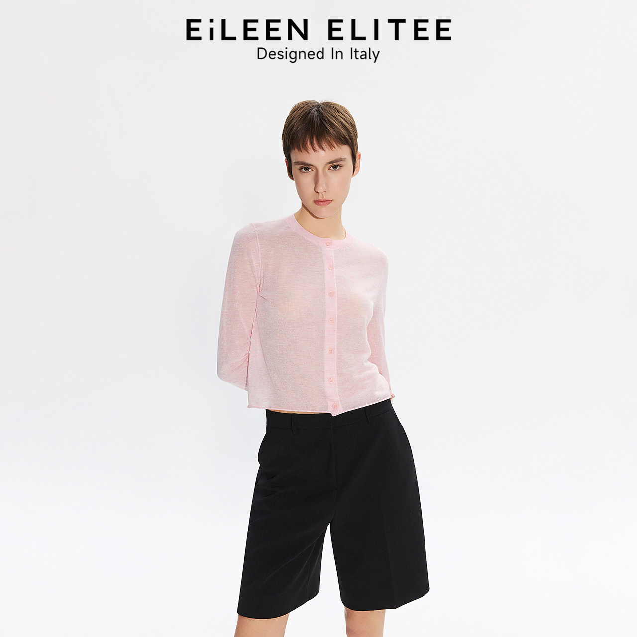 朗姿欧洲EiLEEN ELITEE粉色薄透气修身圆领针织开衫2025年夏季,女装/女士精品,毛针织衫,淘宝优惠券,粉丝福利购,淘宝优惠卷