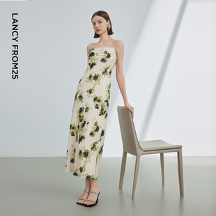 女2024气质高级感连衣裙 新款 朗姿法式 吊带荡领设计感印花长裙夏季