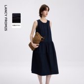 新款 学院风蓝色裙子2026年夏季 简约防晒连衣裙圆领无袖 朗姿25法式