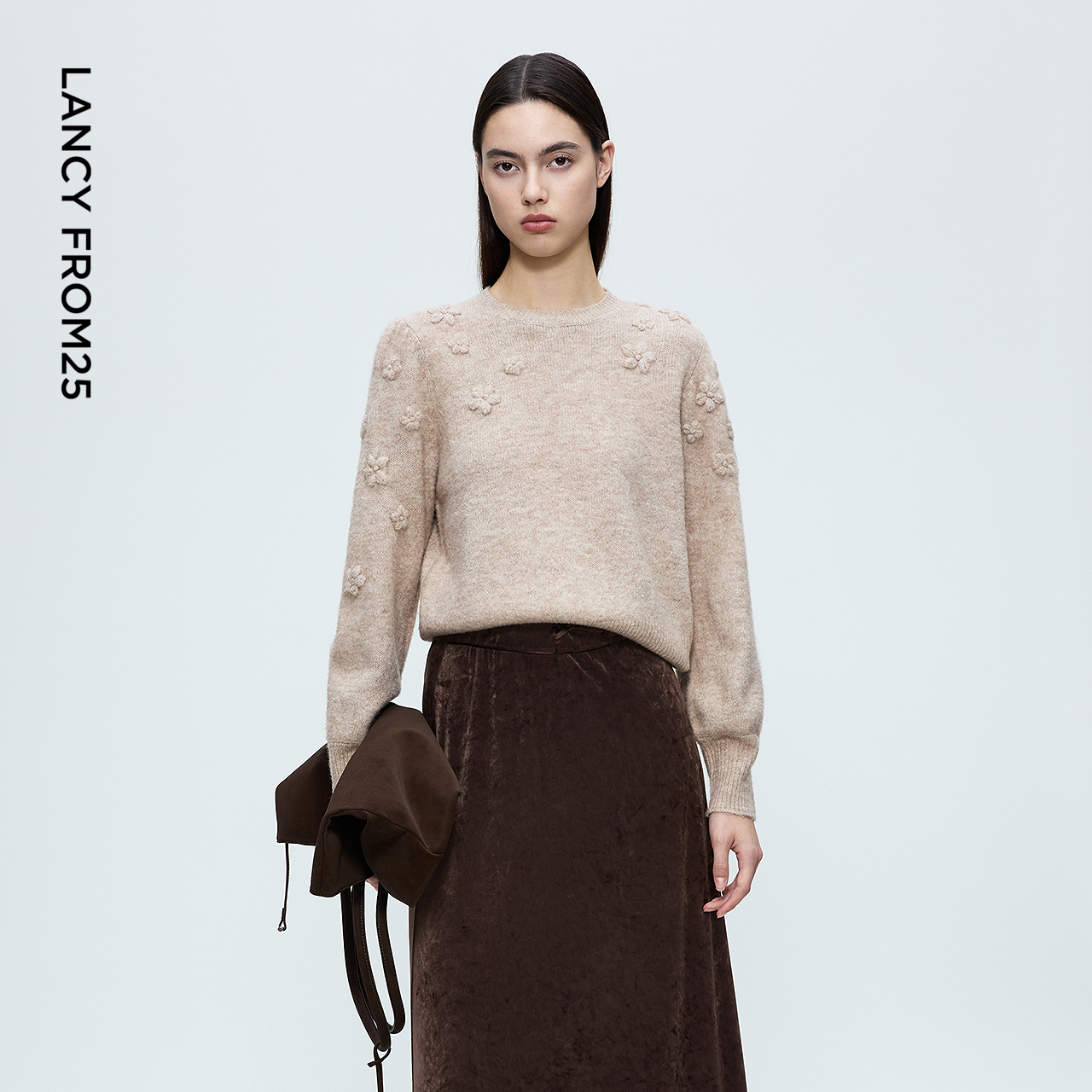 朗姿圆领法式复古套头针织衫时尚气质通勤风毛衣女2025年冬季新款