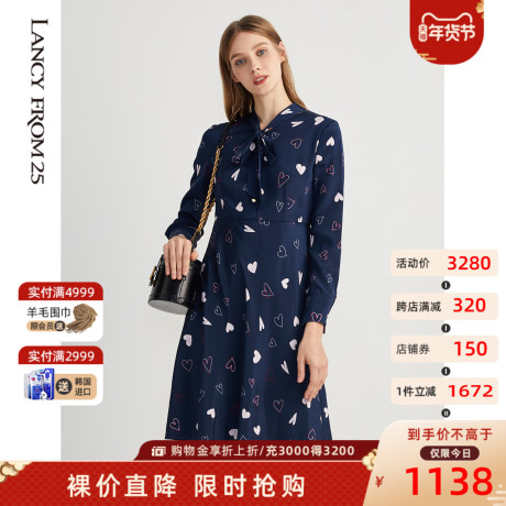朗姿春季V领长袖爱心涂鸦印花真丝连衣裙女2021年商场同款设计感商品大图