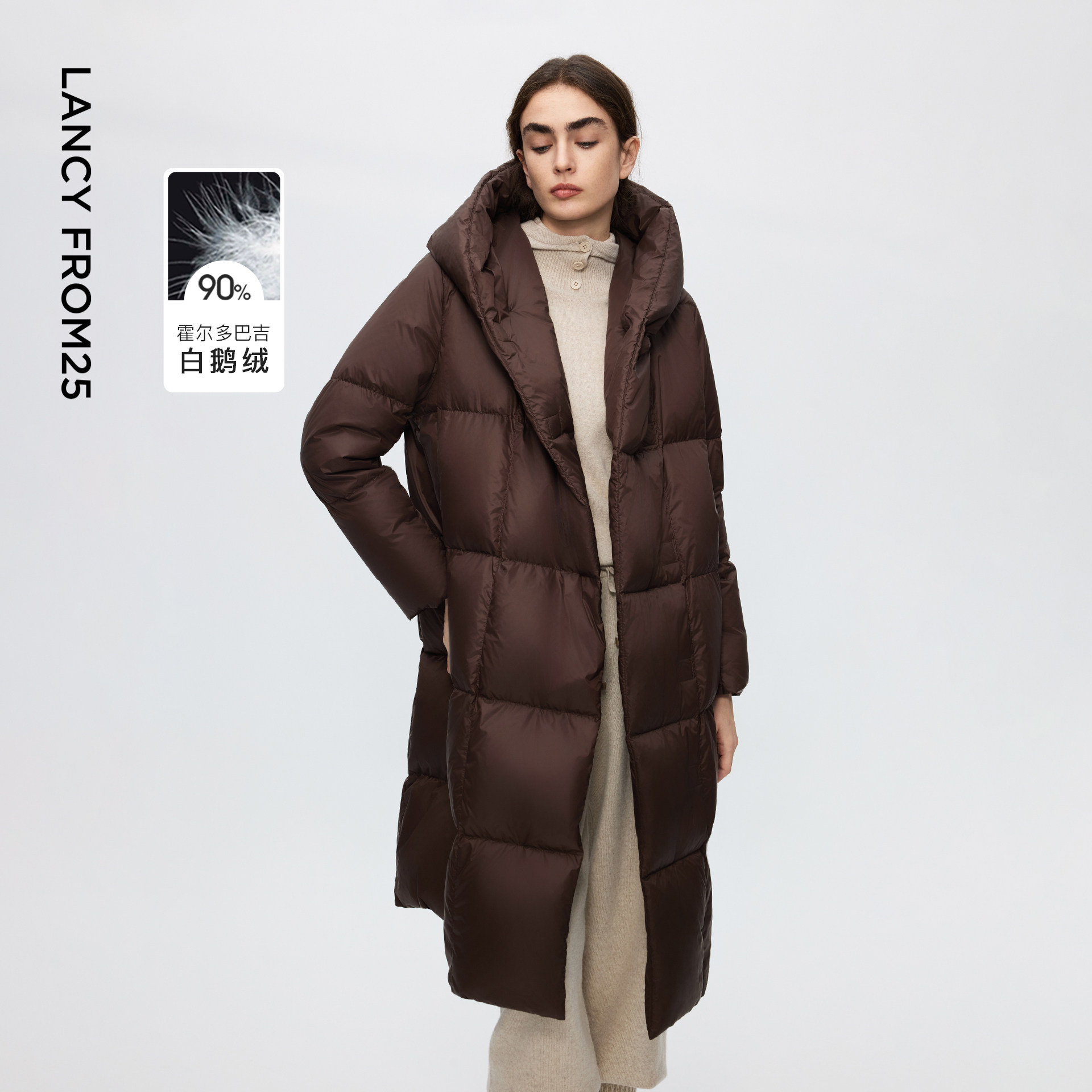朗姿霍尔多巴吉白鹅绒中长款羽绒服外套设计感冬季新款通勤上衣女