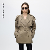 新款 风衣外套通勤2025年冬季 秦岚同款 朗姿纯棉复古双排扣短款