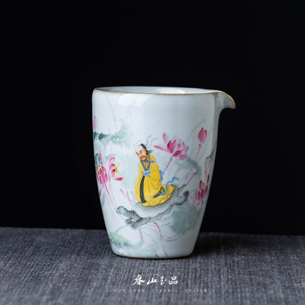 春山玉品 天青汝釉粉彩人物荷花公道杯景德镇陶瓷茶海分茶器