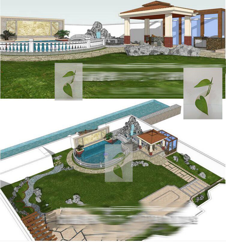 欧式别墅庭院花园景观假山景墙凉亭花架置石观鱼池su模型sketchup