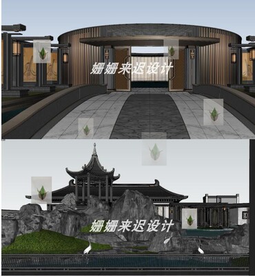 中式园林景观小区示范区展示区售楼处入口大门古典建筑景观SU模型