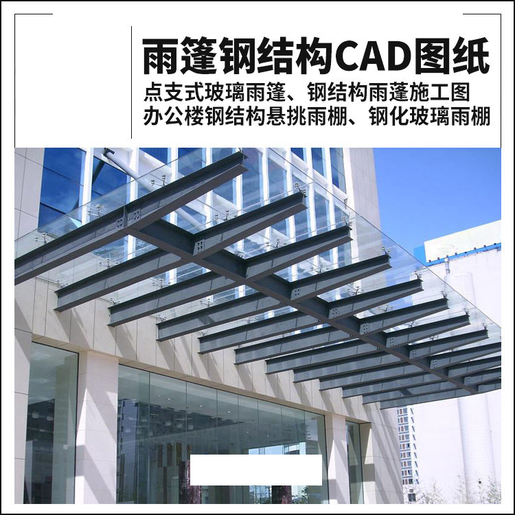 办公楼门前雨棚钢结构入口悬挑 点支式节点构造玻璃雨篷cad图纸
