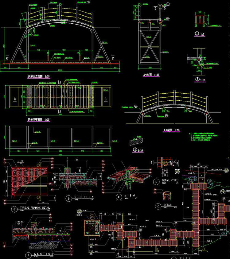 园林景观拱桥石桥平桥木桥栈道 景观曲桥55个cad施工图节点大样图