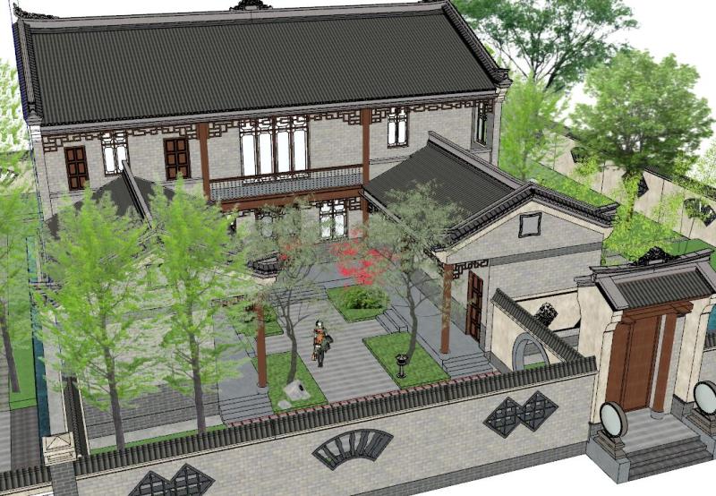 美丽新农村中式乡村风情三合院度假村别墅民宿住宅庭院建筑su模型
