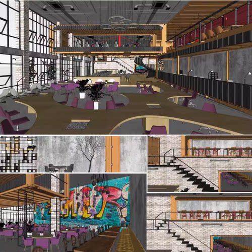 loft旧工厂改造工业风办公众创空间SU sketchup办公空间模型素材