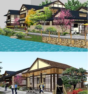 日式度假村温泉酒店民宿客栈茅草木屋商业街建筑草图大师SU模型